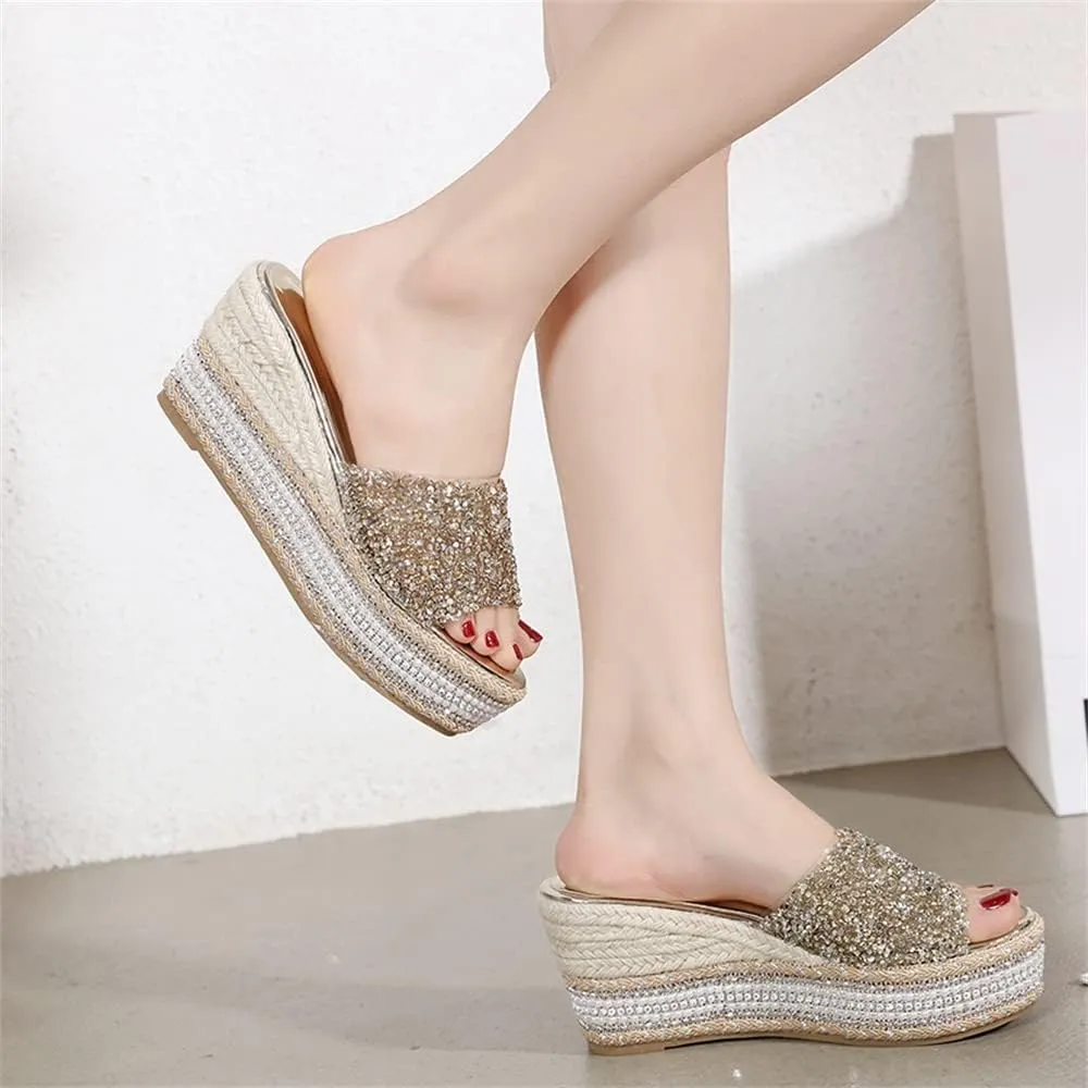 Elbslutt Women's Espadrille Platform Wedge Slides Sandals Glitter Strap Peep Toe Slingback High Heels Pumps Mules Summer Slippers