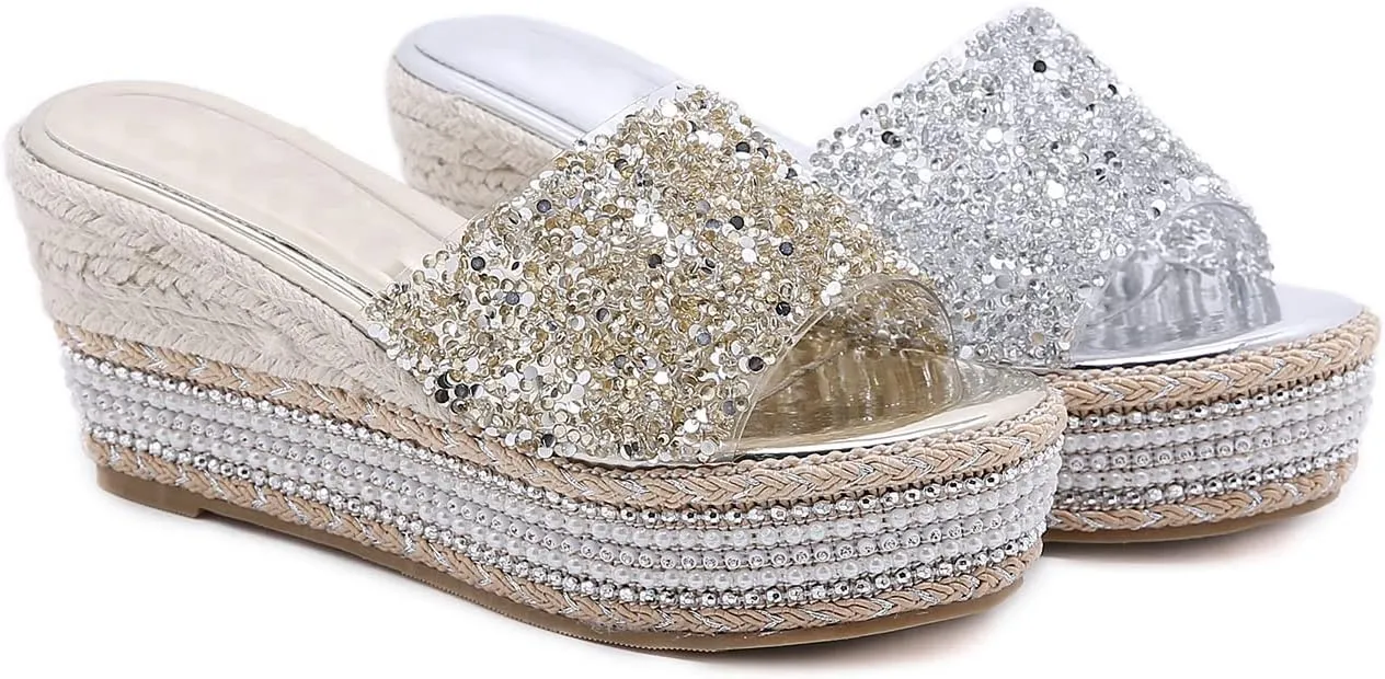 Elbslutt Women's Espadrille Platform Wedge Slides Sandals Glitter Strap Peep Toe Slingback High Heels Pumps Mules Summer Slippers