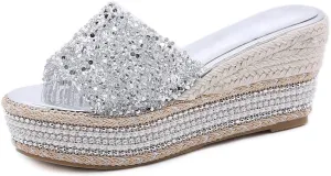 Elbslutt Women's Espadrille Platform Wedge Slides Sandals Glitter Strap Peep Toe Slingback High Heels Pumps Mules Summer Slippers