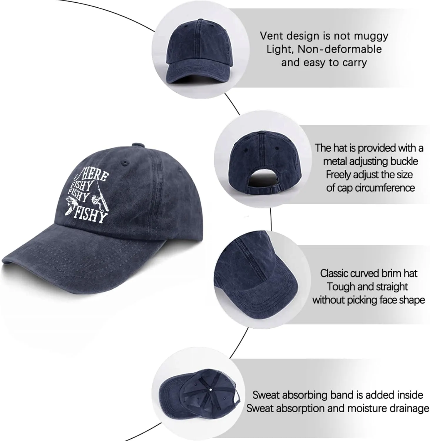Fishing Here Fishy Fishy Fishy Caps Funny Golf Hat Pigment Black Dad Hat Gifts for Him Hiking Caps