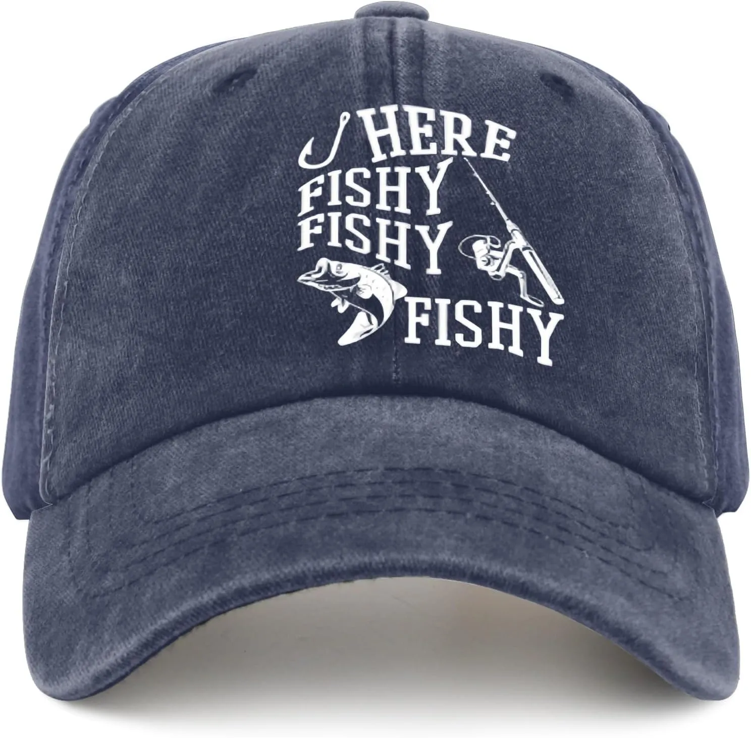 Fishing Here Fishy Fishy Fishy Caps Funny Golf Hat Pigment Black Dad Hat Gifts for Him Hiking Caps