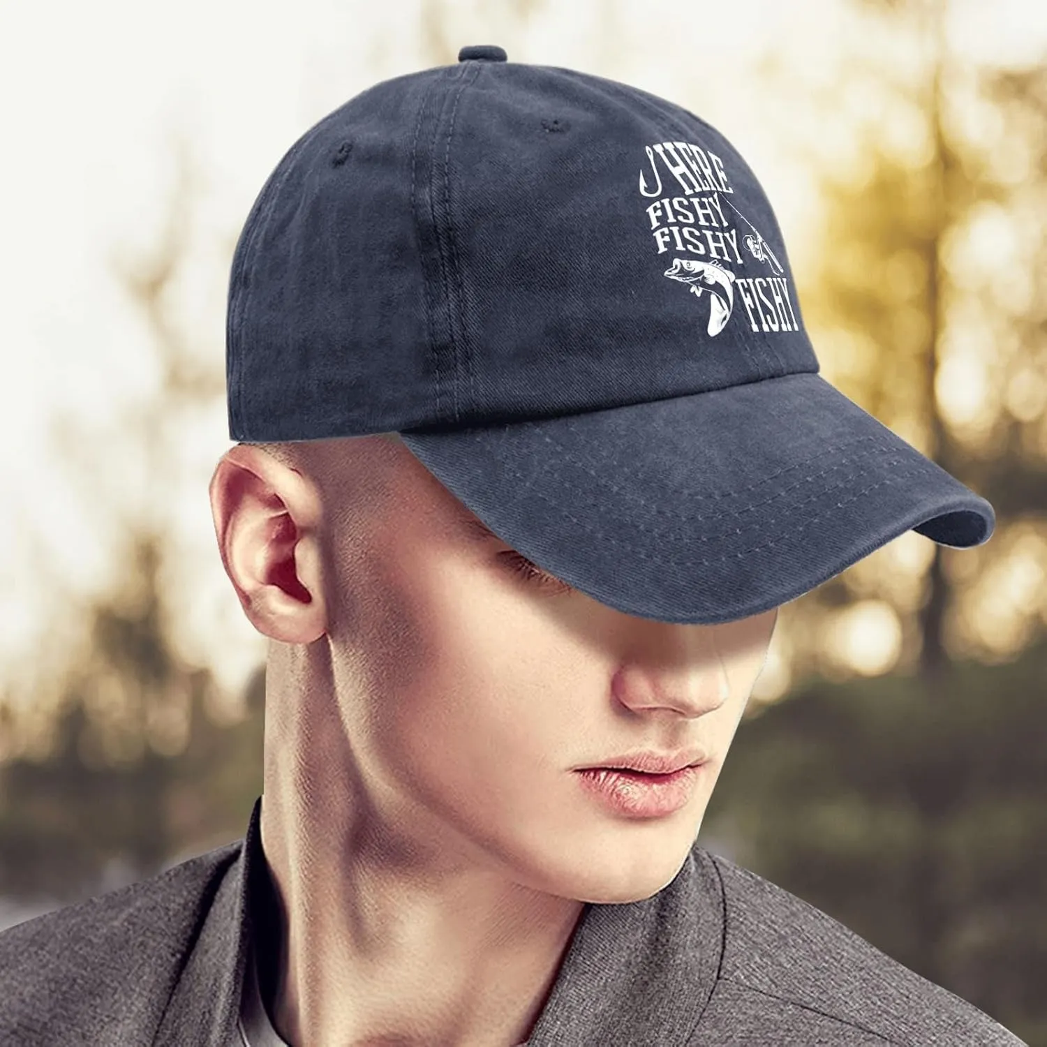Fishing Here Fishy Fishy Fishy Caps Funny Golf Hat Pigment Black Dad Hat Gifts for Him Hiking Caps