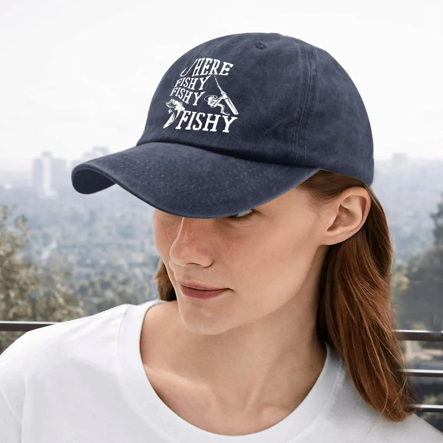 Fishing Here Fishy Fishy Fishy Caps Funny Golf Hat Pigment Black Dad Hat Gifts for Him Hiking Caps