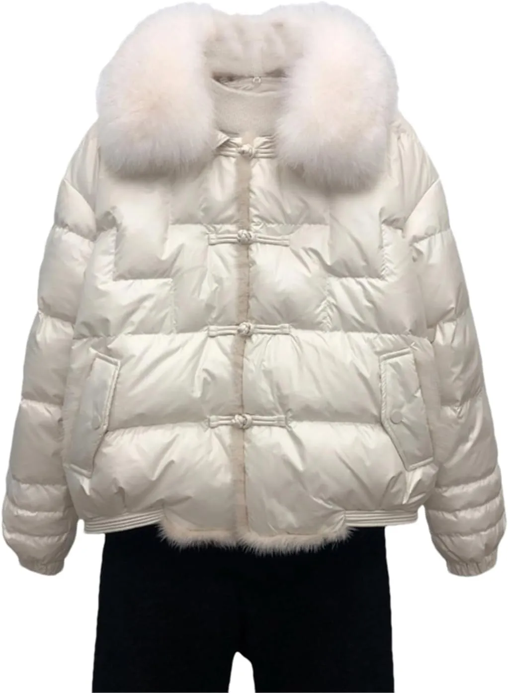 Fjnbbiot Fur Collar Winter Women White Duck Down Jacket Ladies Short Warm Puffer Coat Loose Vintage Parka