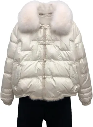 Fjnbbiot Fur Collar Winter Women White Duck Down Jacket Ladies Short Warm Puffer Coat Loose Vintage Parka