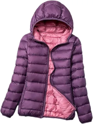Fjnbbiot Women Winter Jackets Autumn Winter Reversible Hooded Windproof White Duck Down Coats Ultra Light Portable Puffer Parkas Light purple 3XL