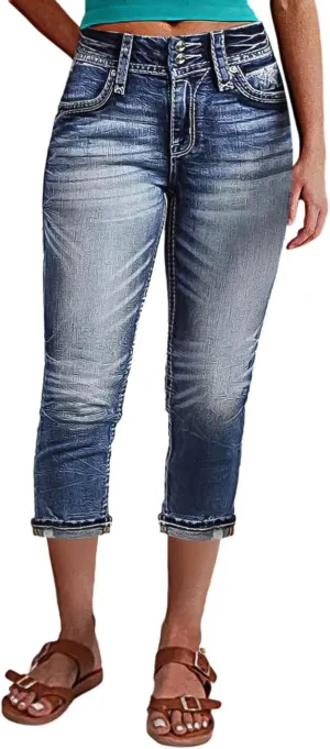 Flamingals Women's Denim Capri Jeans for Women Mid Rise Skinny Capri Pants for Summer White Mid Blue L