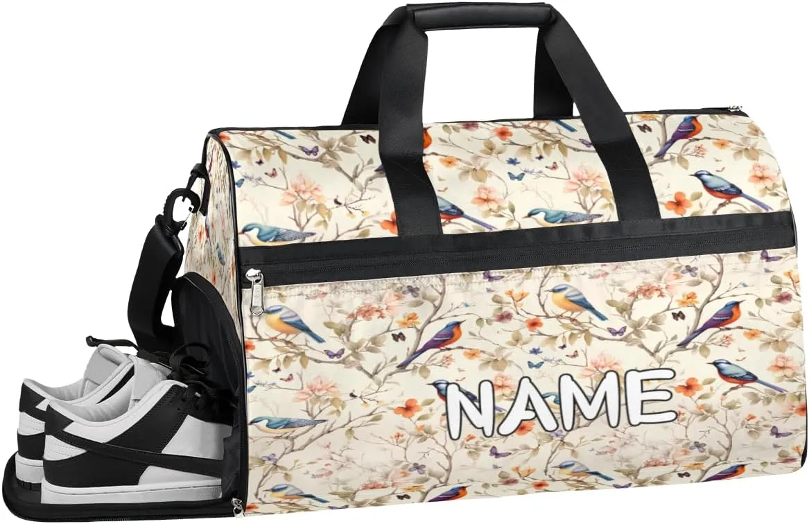 Flowers Bird Prints Sports Gym Bag with Wet Pocket & Shoes Compartment Travel Duffel Bag for Women Men Custom Sports Gym Bag Personalized Overnight Stay Weekend Tote Beach Luggage