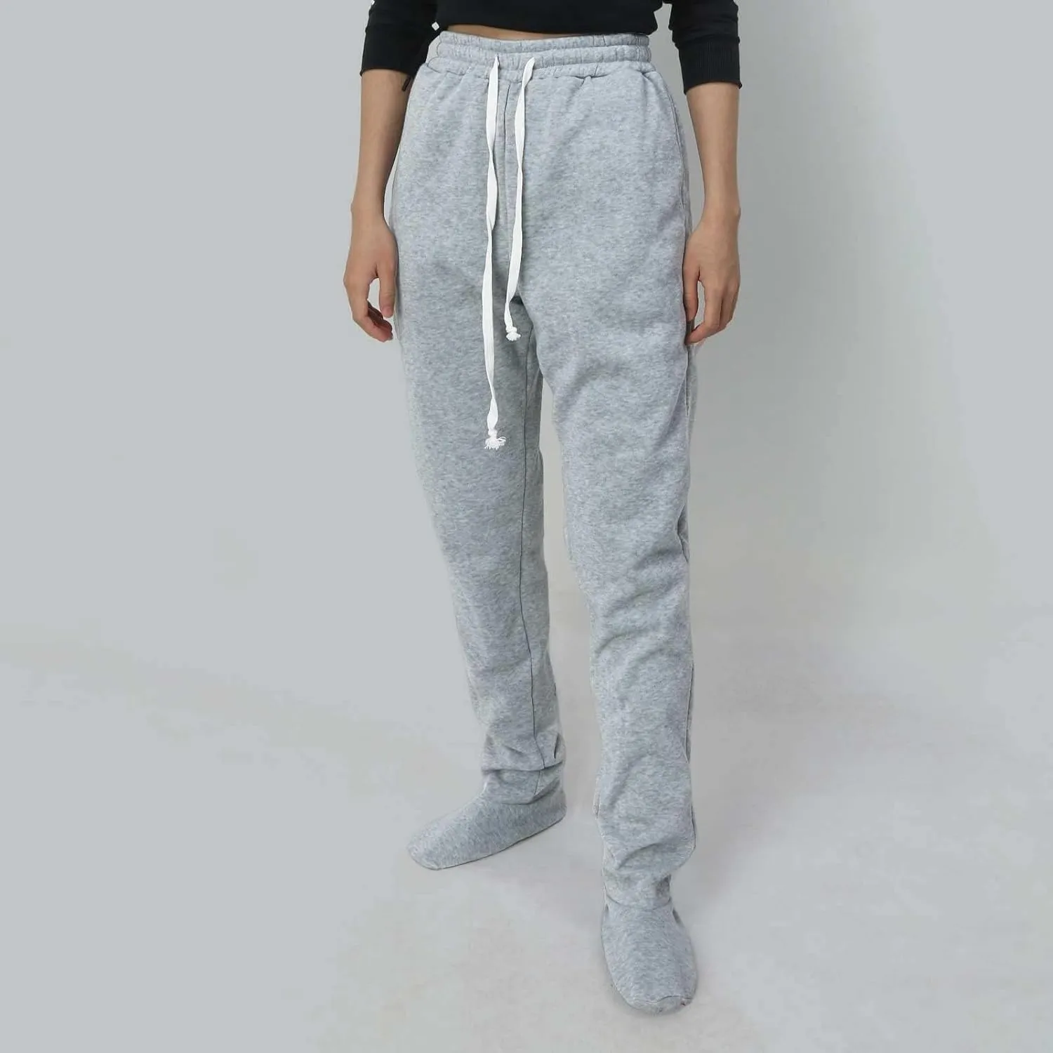 Footed Pajamas For Women Fleece Lined Drawstring Sweatpants With Feet Winter Warm Elastic Waist Sleepwear With Pockets