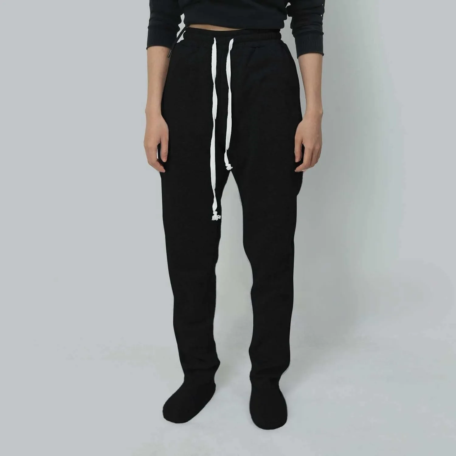 Footed Pajamas For Women Fleece Lined Drawstring Sweatpants With Feet Winter Warm Elastic Waist Sleepwear With Pockets