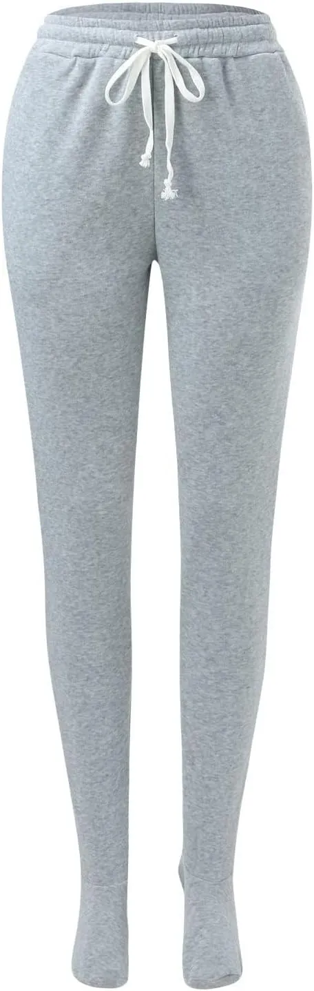 Footed Pajamas For Women Fleece Lined Drawstring Sweatpants With Feet Winter Warm Elastic Waist Sleepwear With Pockets