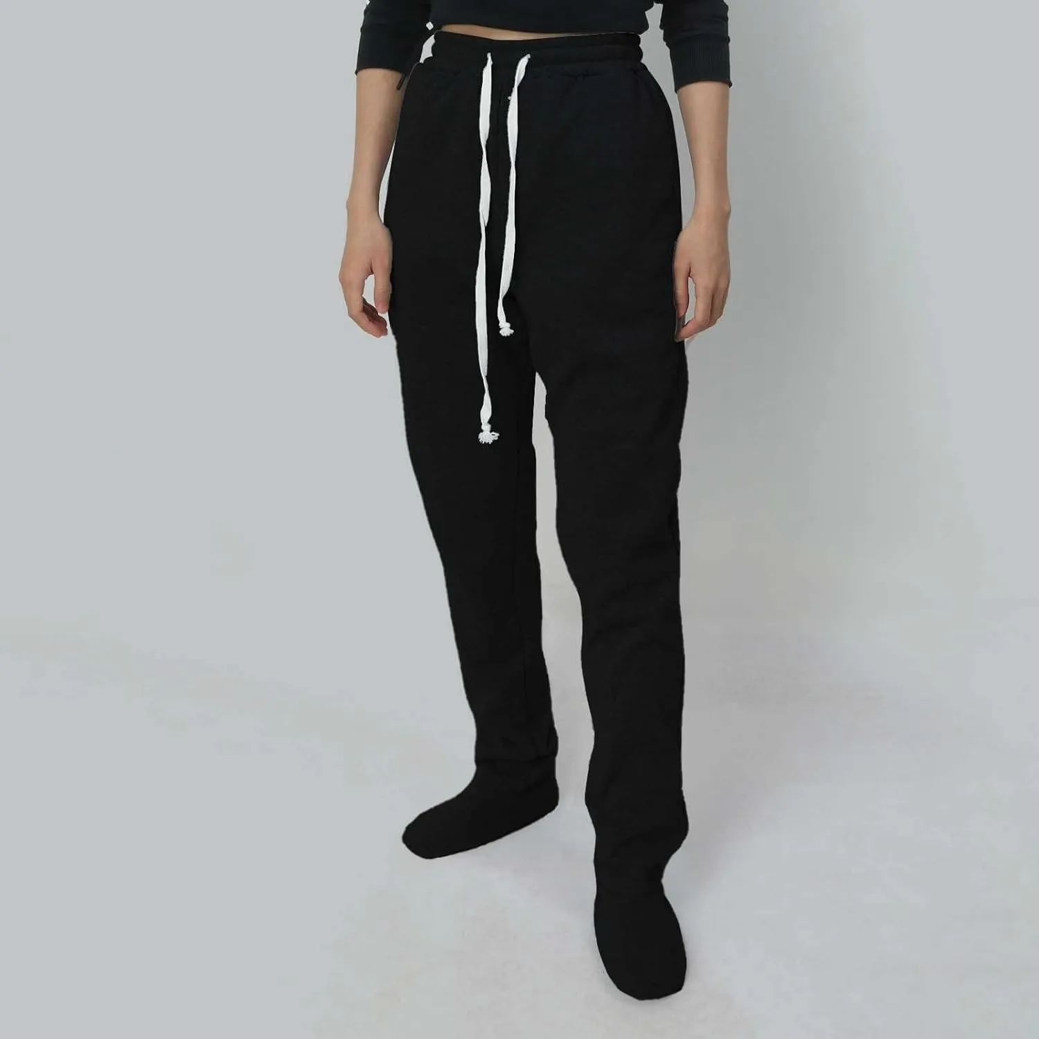 Footed Pajamas For Women Fleece Lined Drawstring Sweatpants With Feet Winter Warm Elastic Waist Sleepwear With Pockets