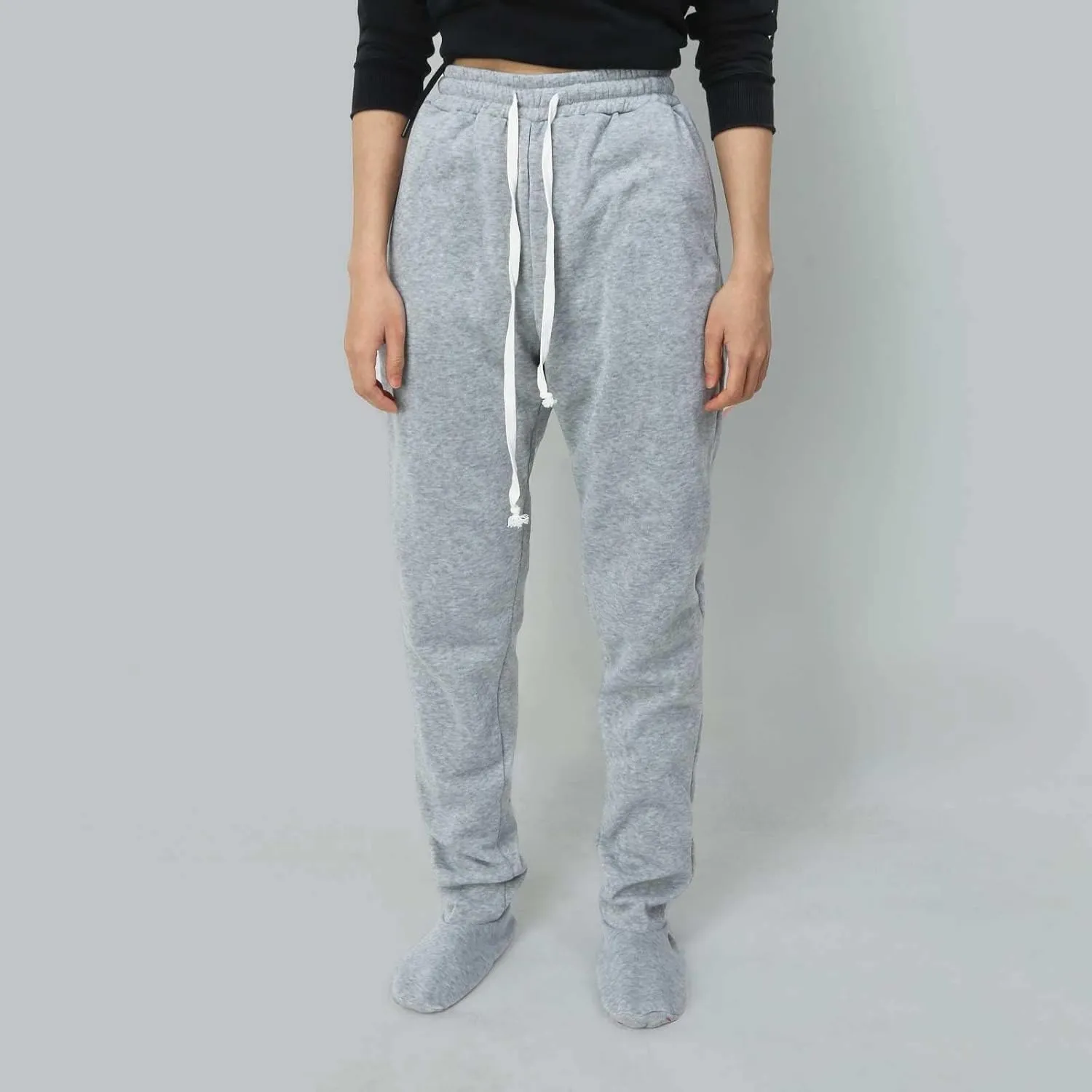 Footed Pajamas For Women Fleece Lined Drawstring Sweatpants With Feet Winter Warm Elastic Waist Sleepwear With Pockets