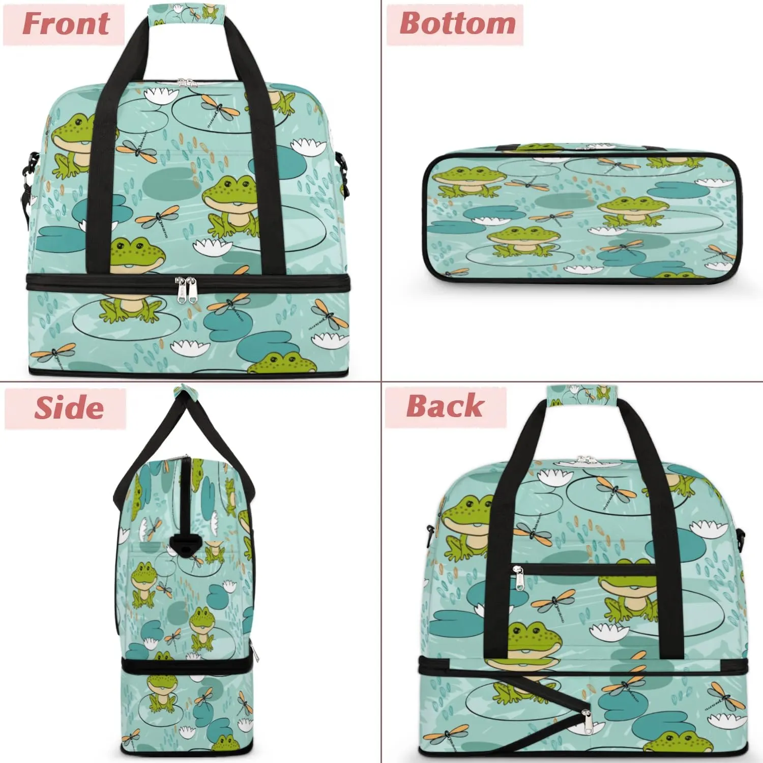 Frog Dragonfly Sports Gym Bag with Shoes Compartment Foldable Travel Duffel Bag Dry Wet Separated Sports Tote Workout Weekender Overnight Bag for Women Yoga Dance Work Training Handbag