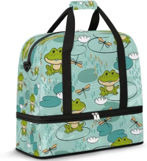 Frog Dragonfly Sports Gym Bag with Shoes Compartment Foldable Travel Duffel Bag Dry Wet Separated Sports Tote Workout Weekender Overnight Bag for Women Yoga Dance Work Training Handbag
