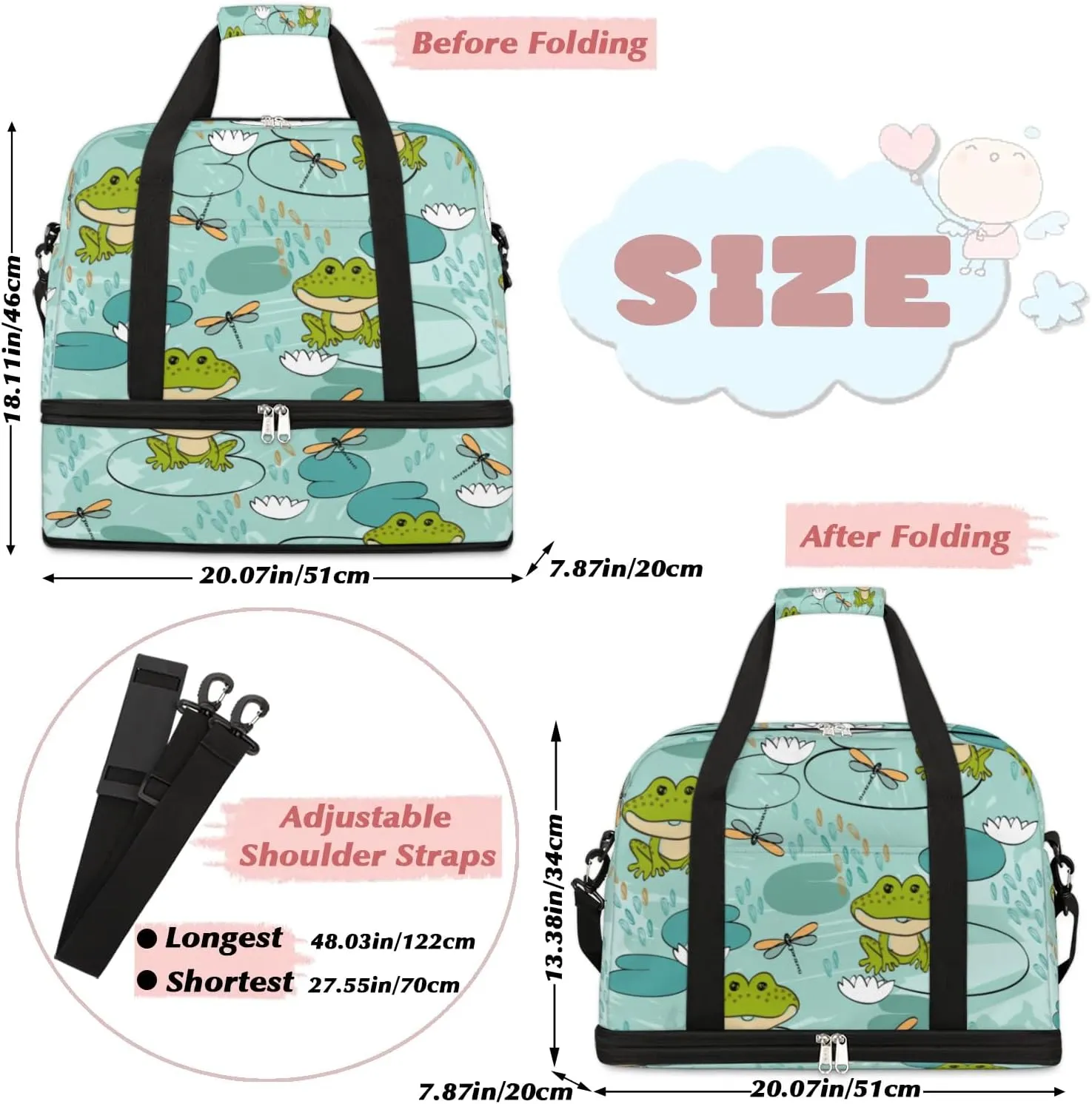 Frog Dragonfly Sports Gym Bag with Shoes Compartment Foldable Travel Duffel Bag Dry Wet Separated Sports Tote Workout Weekender Overnight Bag for Women Yoga Dance Work Training Handbag
