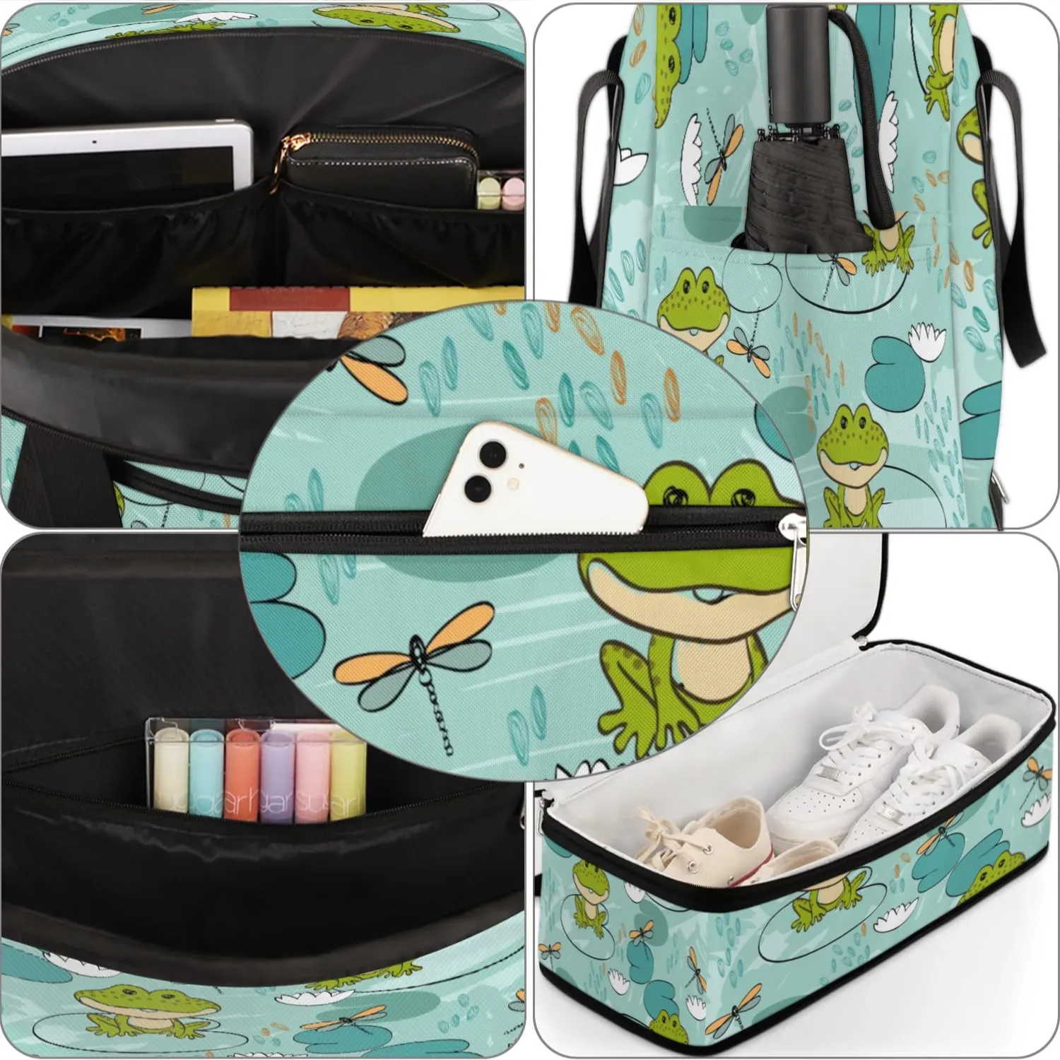Frog Dragonfly Sports Gym Bag with Shoes Compartment Foldable Travel Duffel Bag Dry Wet Separated Sports Tote Workout Weekender Overnight Bag for Women Yoga Dance Work Training Handbag