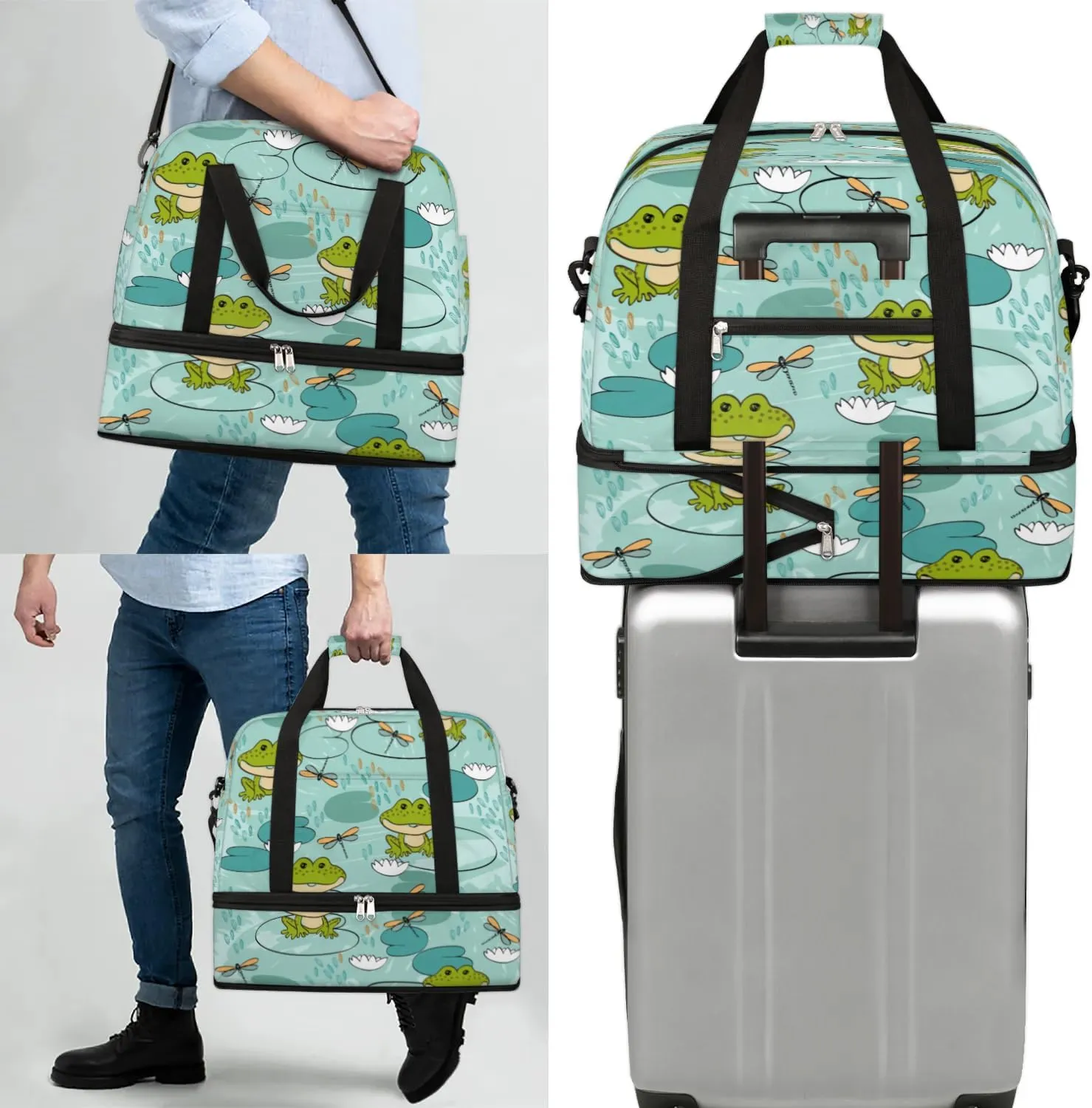 Frog Dragonfly Sports Gym Bag with Shoes Compartment Foldable Travel Duffel Bag Dry Wet Separated Sports Tote Workout Weekender Overnight Bag for Women Yoga Dance Work Training Handbag