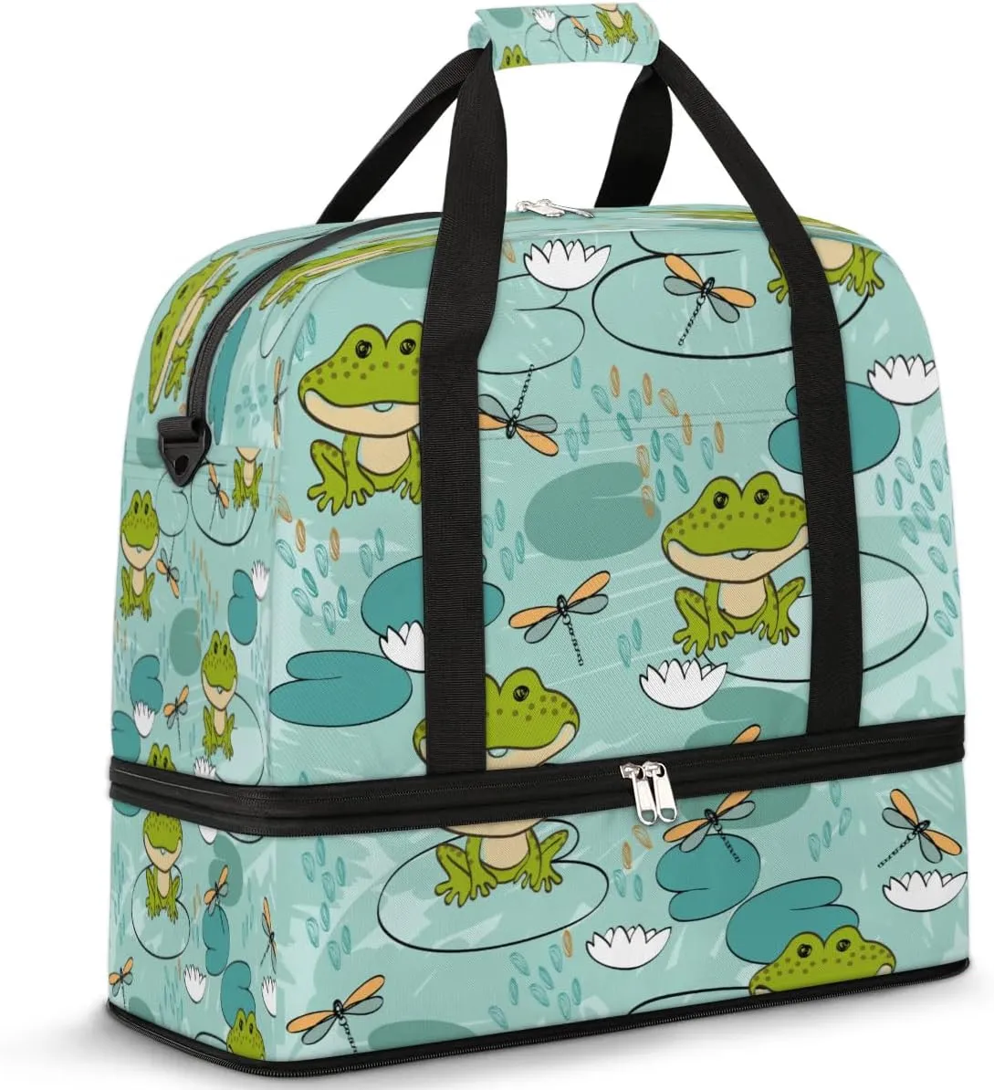 Frog Dragonfly Sports Gym Bag with Shoes Compartment Foldable Travel Duffel Bag Dry Wet Separated Sports Tote Workout Weekender Overnight Bag for Women Yoga Dance Work Training Handbag