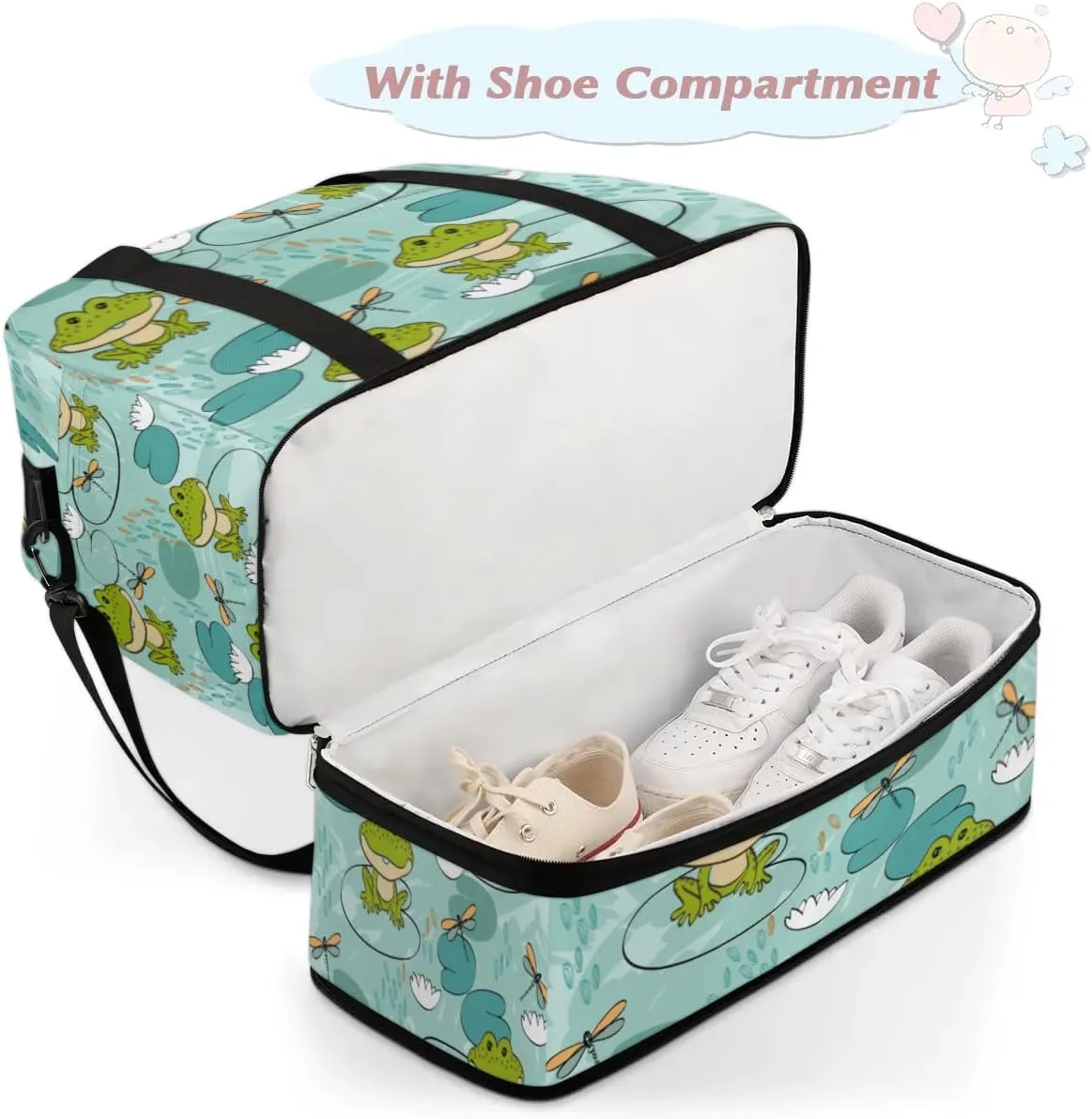 Frog Dragonfly Sports Gym Bag with Shoes Compartment Foldable Travel Duffel Bag Dry Wet Separated Sports Tote Workout Weekender Overnight Bag for Women Yoga Dance Work Training Handbag