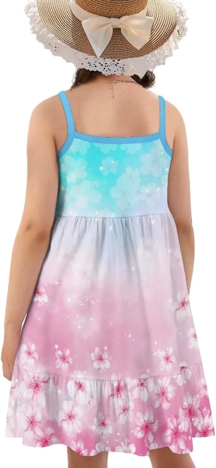 Girls Summer Dress 3-14 Y Kids Casual Spaghetti Strap Tiered Midi Dresses Cute Twirly Skater Party Sundress