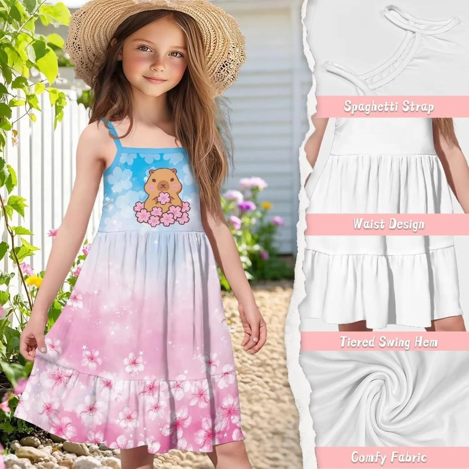 Girls Summer Dress 3-14 Y Kids Casual Spaghetti Strap Tiered Midi Dresses Cute Twirly Skater Party Sundress