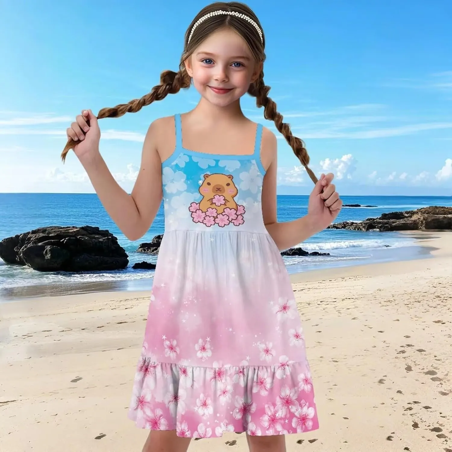 Girls Summer Dress 3-14 Y Kids Casual Spaghetti Strap Tiered Midi Dresses Cute Twirly Skater Party Sundress