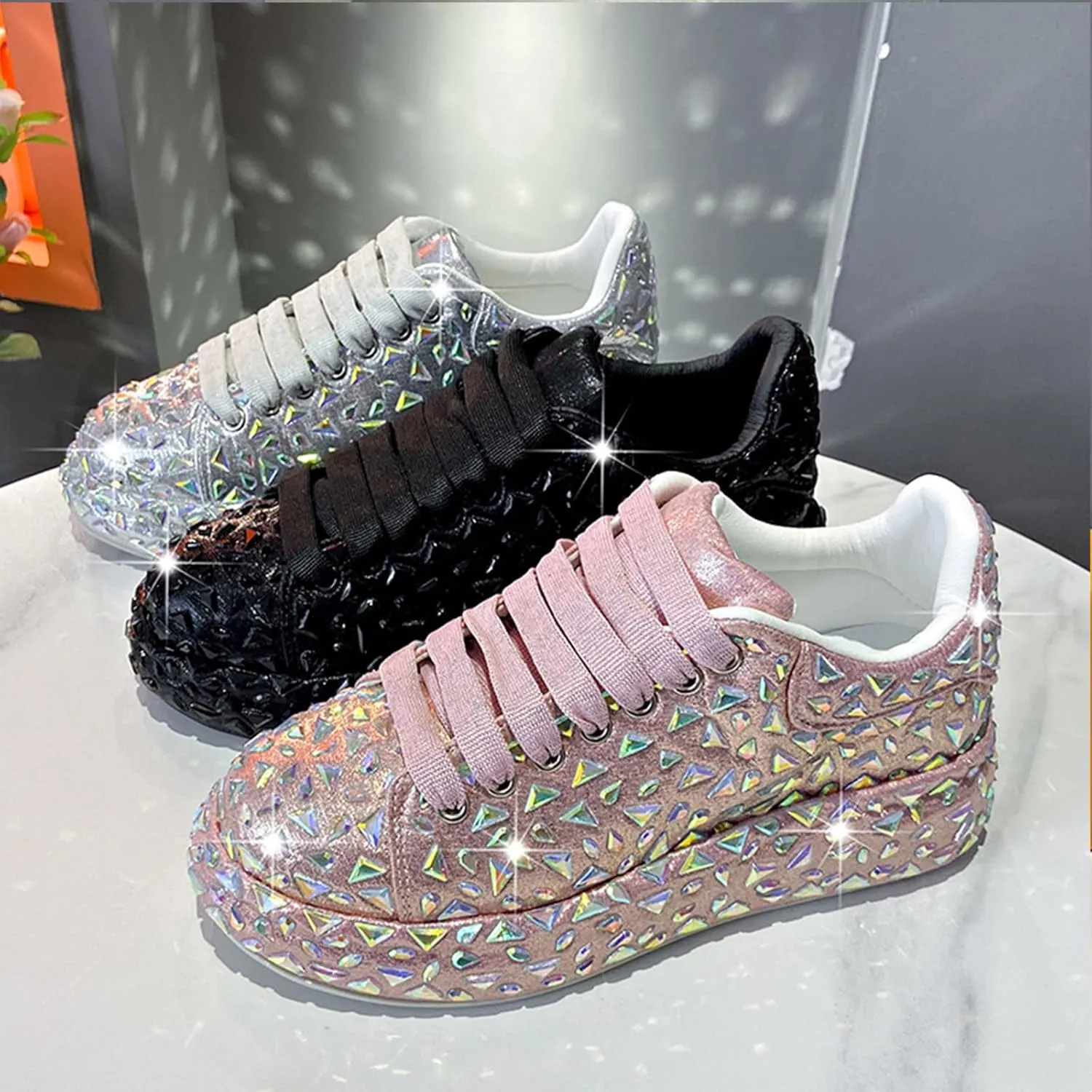 Glitter Sneakers Lace Up Fashion Sneakers, Sparkle Rhinestone Sneakers for Women, Glitter Fashion Bedazzled Platform Tennis Shoes, Non Slip Lace Up Walking Shoes