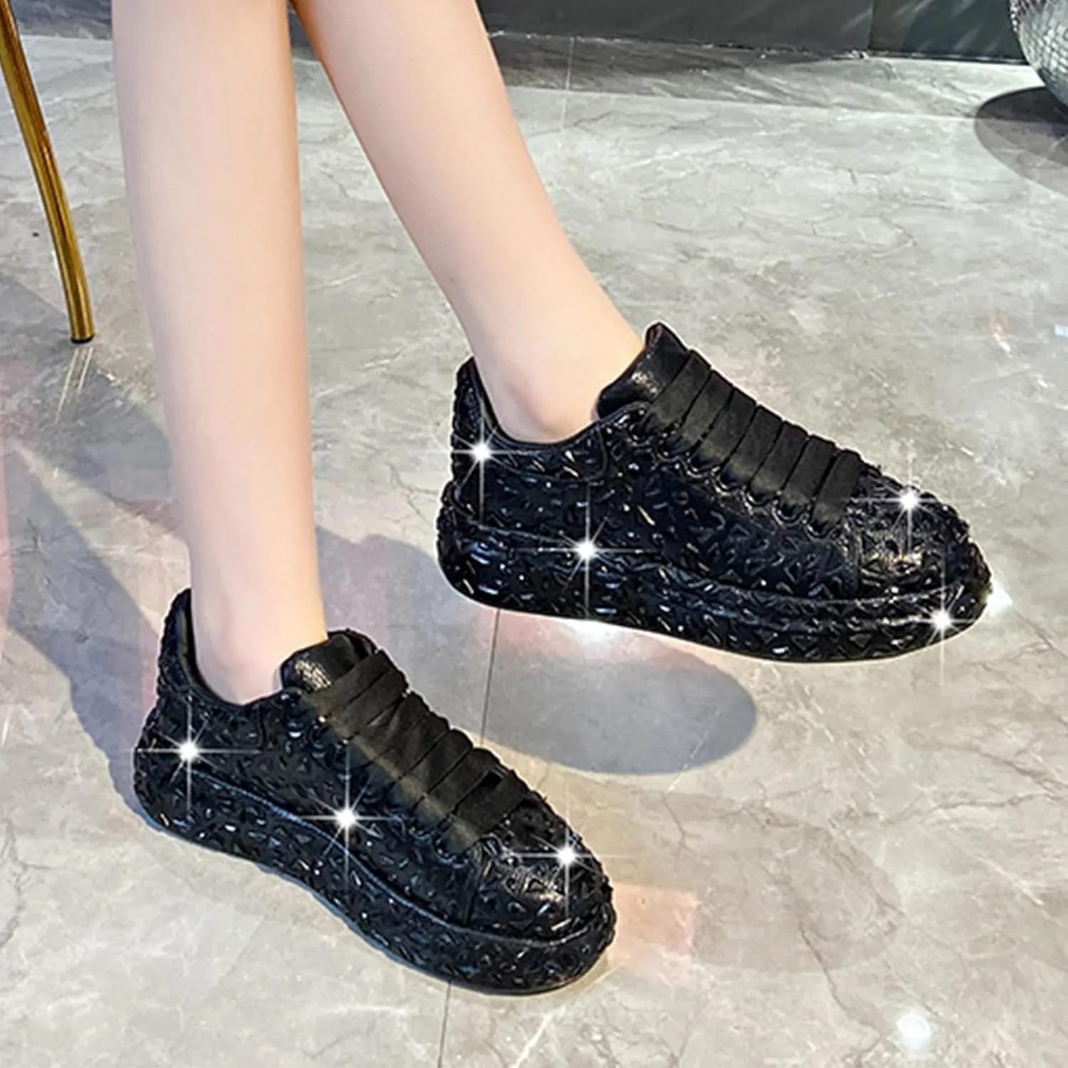Glitter Sneakers Lace Up Fashion Sneakers, Sparkle Rhinestone Sneakers for Women, Glitter Fashion Bedazzled Platform Tennis Shoes, Non Slip Lace Up Walking Shoes