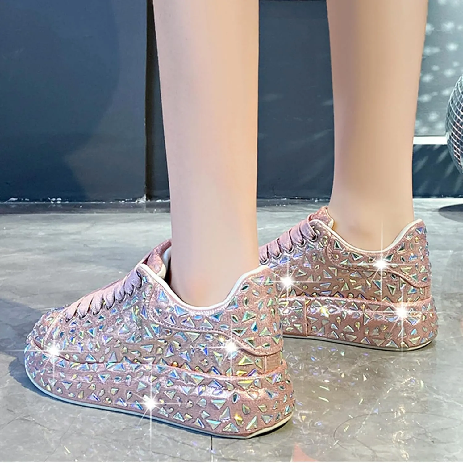 Glitter Sneakers Lace Up Fashion Sneakers, Sparkle Rhinestone Sneakers for Women, Glitter Fashion Bedazzled Platform Tennis Shoes, Non Slip Lace Up Walking Shoes