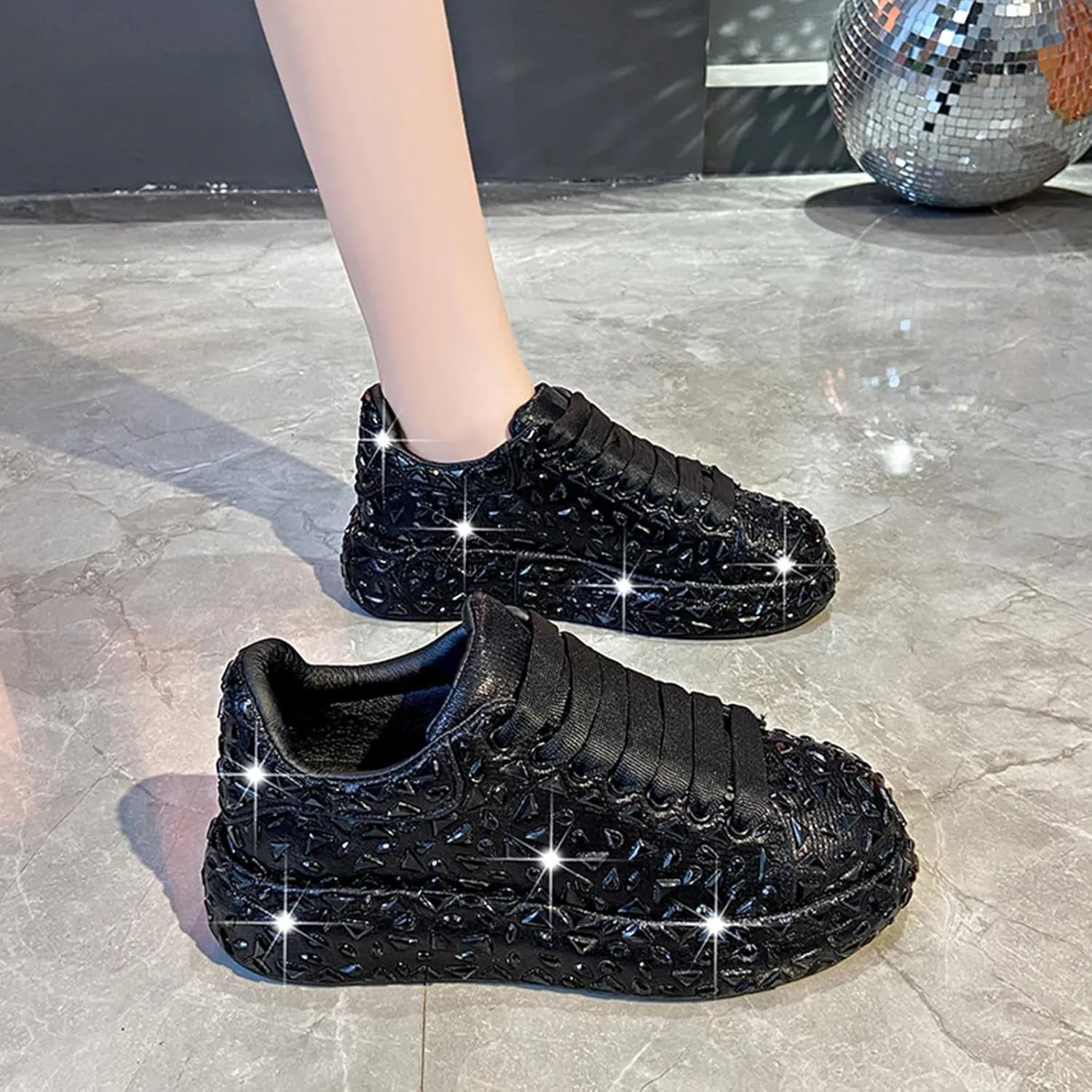 Glitter Sneakers Lace Up Fashion Sneakers, Sparkle Rhinestone Sneakers for Women, Glitter Fashion Bedazzled Platform Tennis Shoes, Non Slip Lace Up Walking Shoes