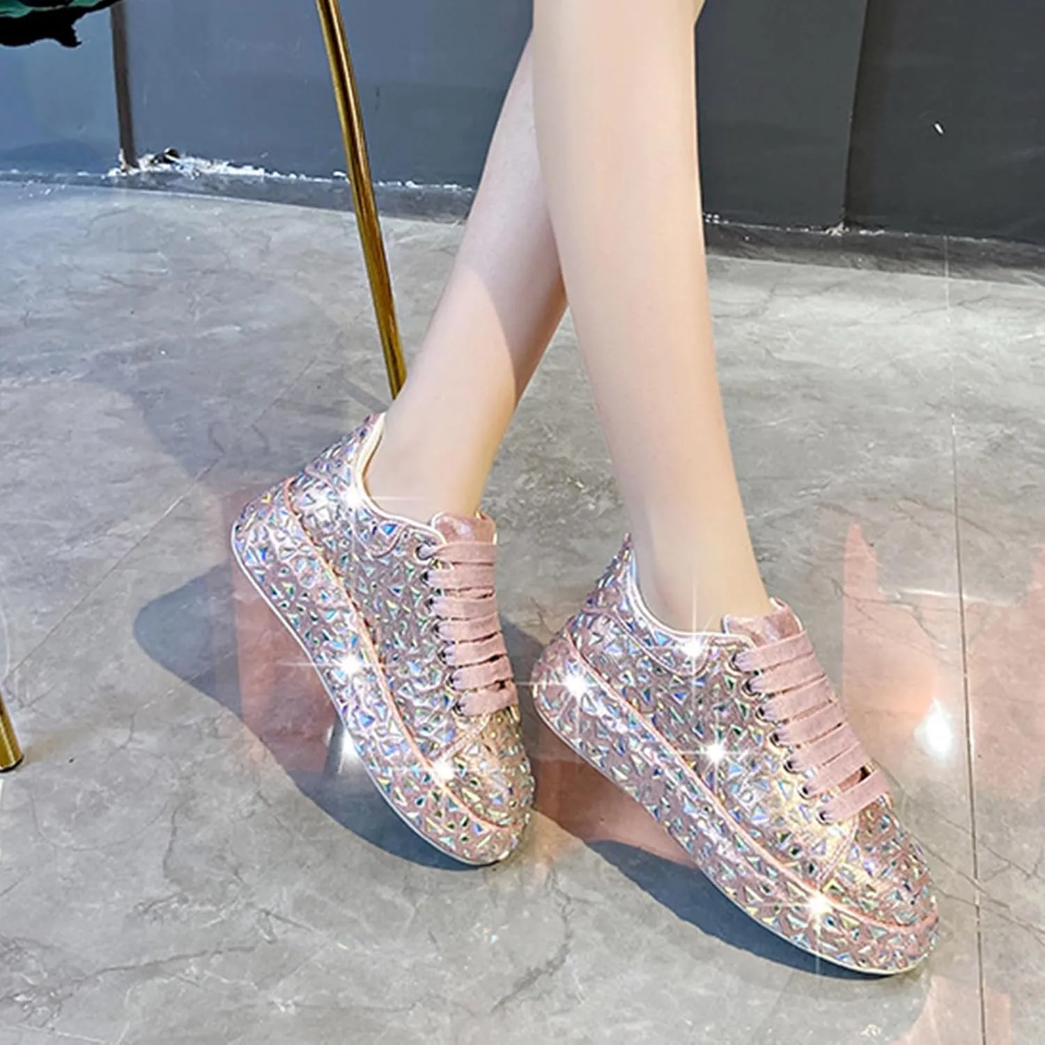 Glitter Sneakers Lace Up Fashion Sneakers, Sparkle Rhinestone Sneakers for Women, Glitter Fashion Bedazzled Platform Tennis Shoes, Non Slip Lace Up Walking Shoes