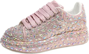 Glitter Sneakers Lace Up Fashion Sneakers, Sparkle Rhinestone Sneakers for Women, Glitter Fashion Bedazzled Platform Tennis Shoes, Non Slip Lace Up Walking Shoes