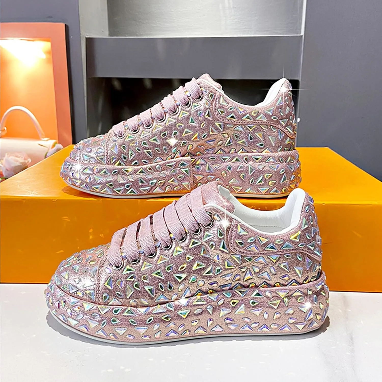 Glitter Sneakers Lace Up Fashion Sneakers, Sparkle Rhinestone Sneakers for Women, Glitter Fashion Bedazzled Platform Tennis Shoes, Non Slip Lace Up Walking Shoes