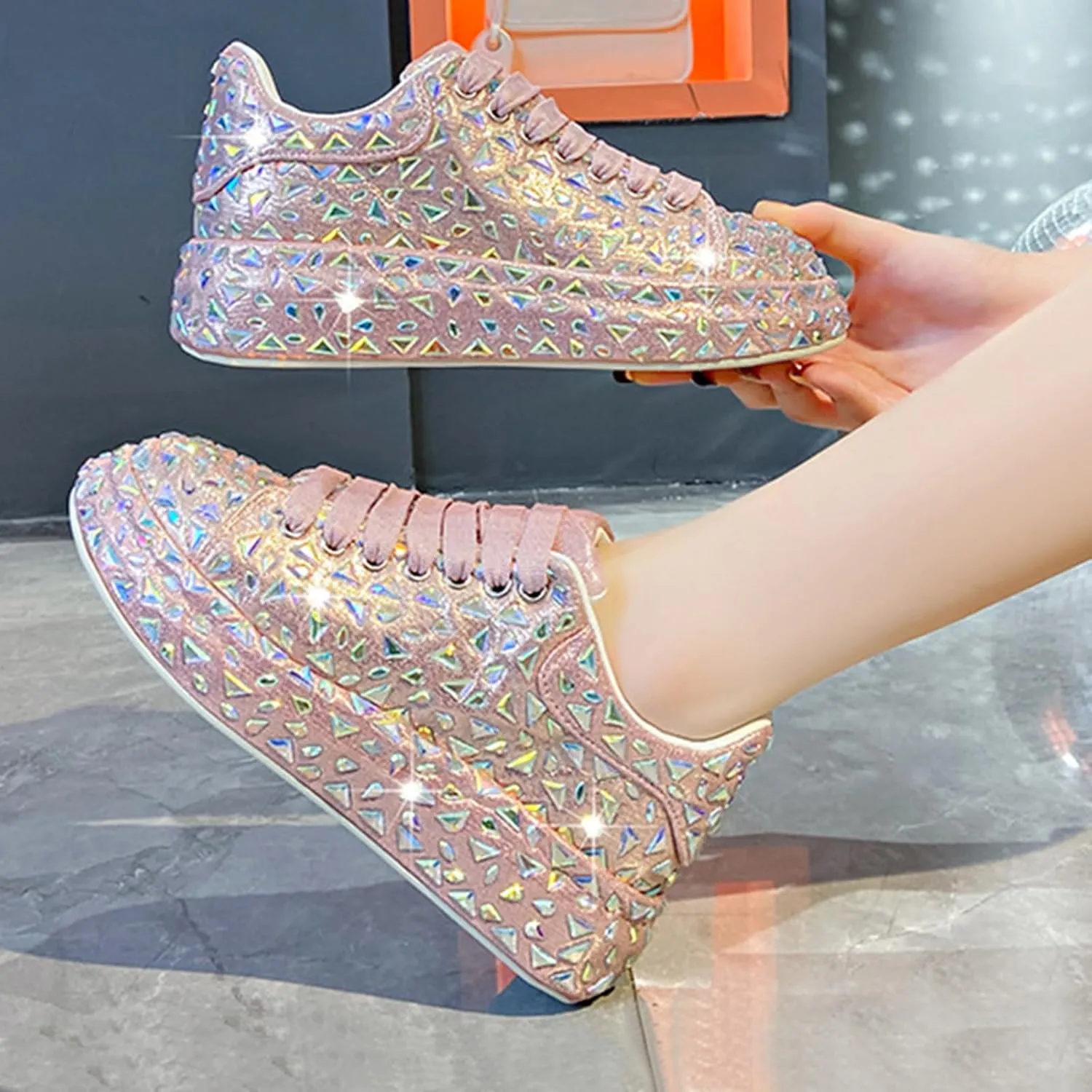 Glitter Sneakers Lace Up Fashion Sneakers, Sparkle Rhinestone Sneakers for Women, Glitter Fashion Bedazzled Platform Tennis Shoes, Non Slip Lace Up Walking Shoes