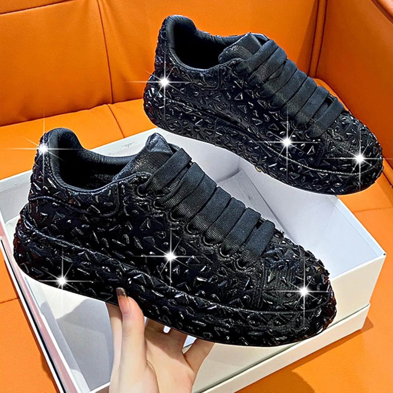 Glitter Sneakers Lace Up Fashion Sneakers, Sparkle Rhinestone Sneakers for Women, Glitter Fashion Bedazzled Platform Tennis Shoes, Non Slip Lace Up Walking Shoes
