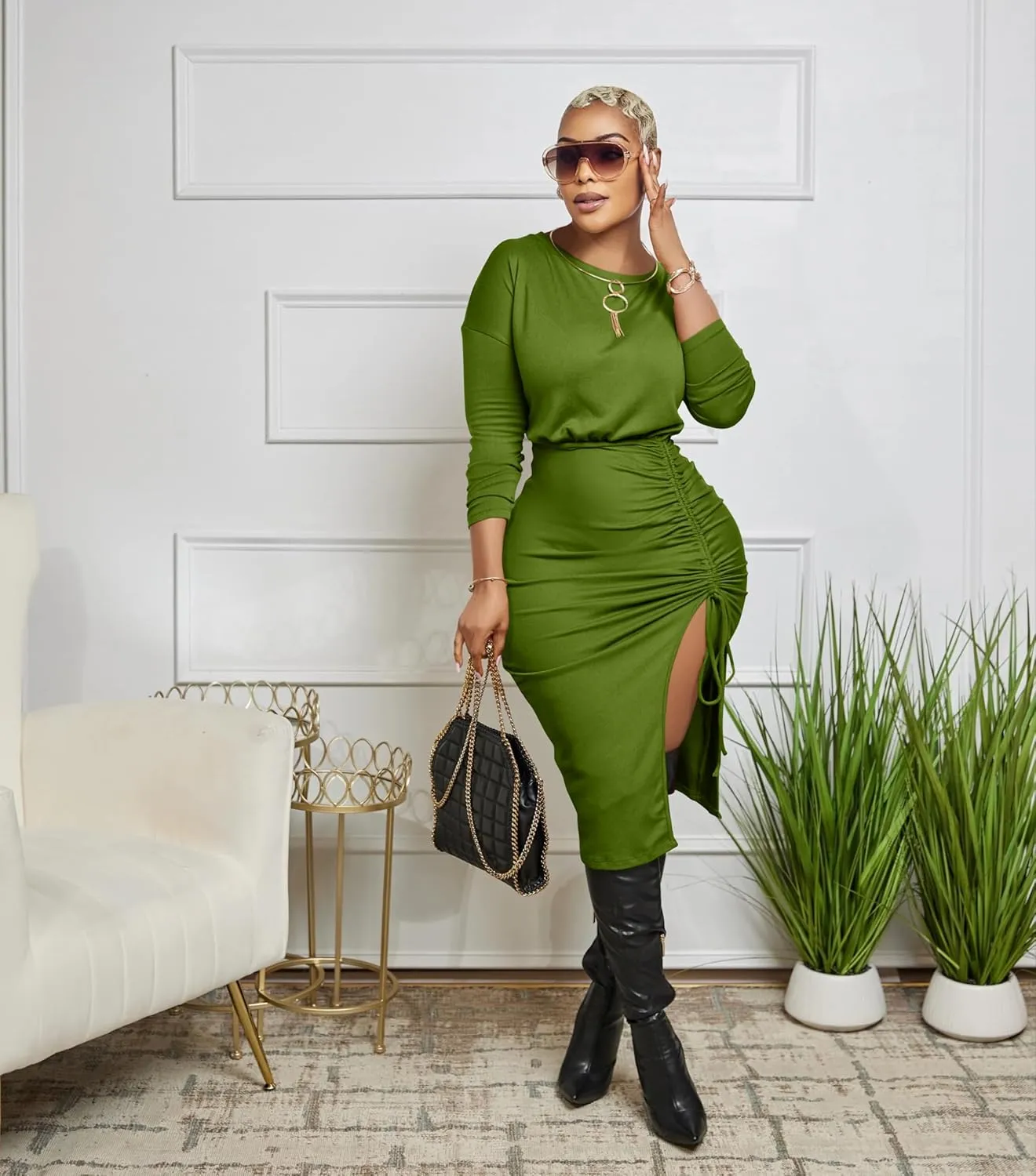 GOKATOSAU Women's One Off Shoulder Long Sleeve Split Adjustable Drawstring Ruched Midi Dress