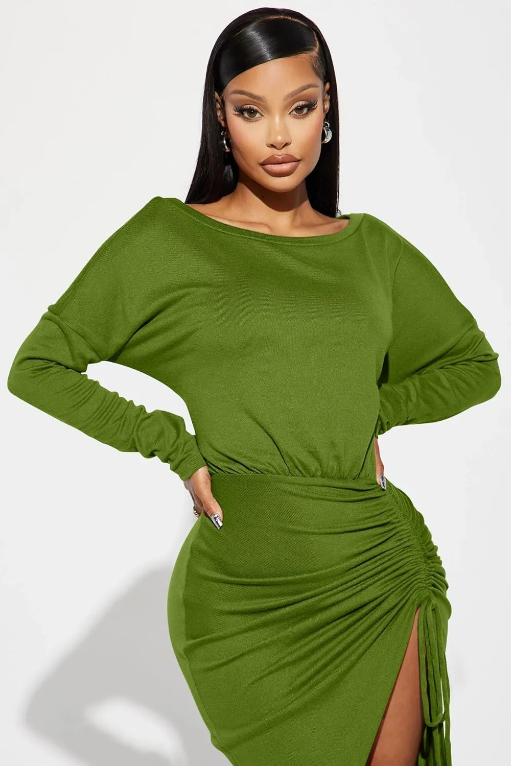 GOKATOSAU Women's One Off Shoulder Long Sleeve Split Adjustable Drawstring Ruched Midi Dress