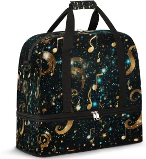 Golden Musical Notes Travel Duffel Bag for Women Men, Abstract Music Pattern Sports Gym Bag with Shoes Compartment Foldable Overnight Bag Weekender Tote Workout Carry On Luggage Bag