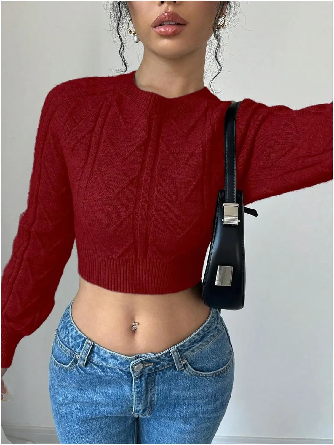 GORGLITTER Women's Bow Open Back Sweater Cable Knit Cropped Sweater Crewneck Pullover Crop Tops