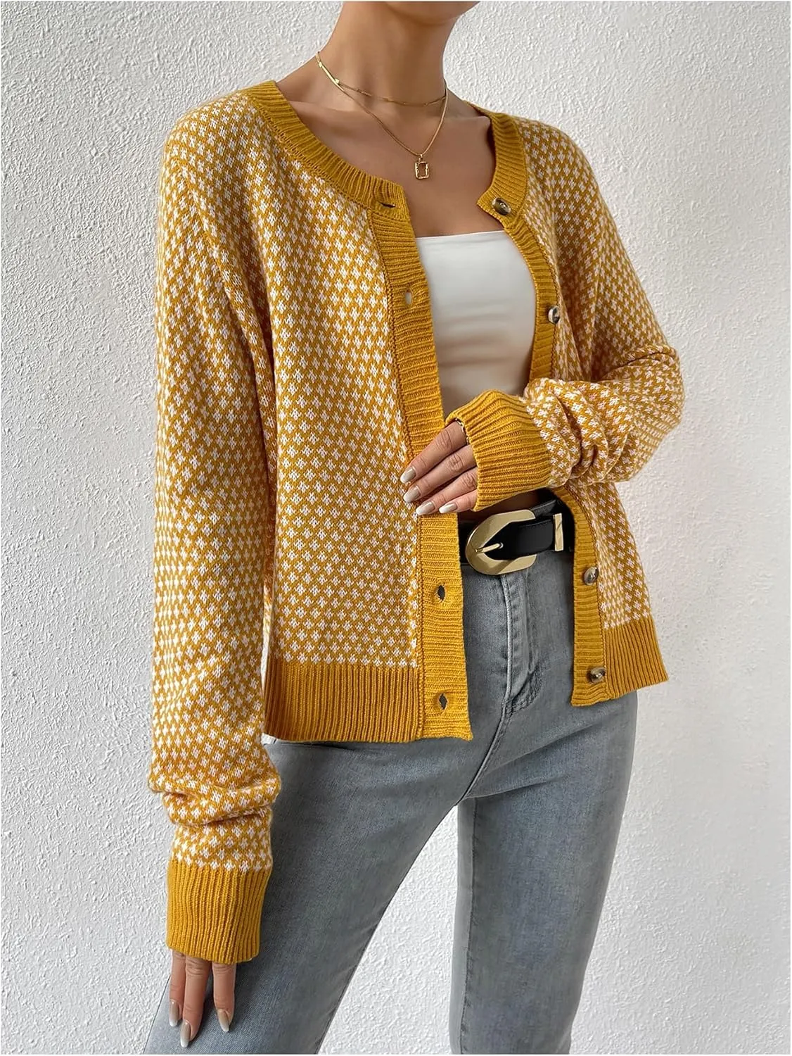 GORGLITTER Women's Button Up Cropped Cardigan Checkered Colorblock Long Sleeve Lightweight Cardigan Sweaters