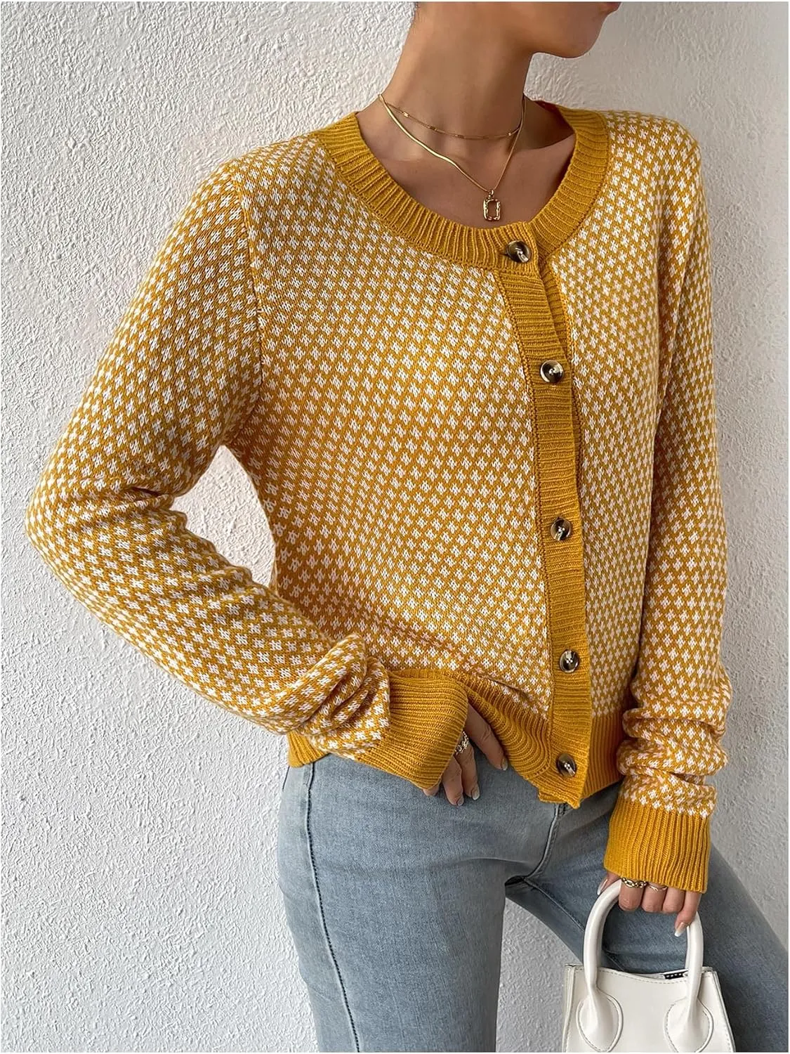 GORGLITTER Women's Button Up Cropped Cardigan Checkered Colorblock Long Sleeve Lightweight Cardigan Sweaters