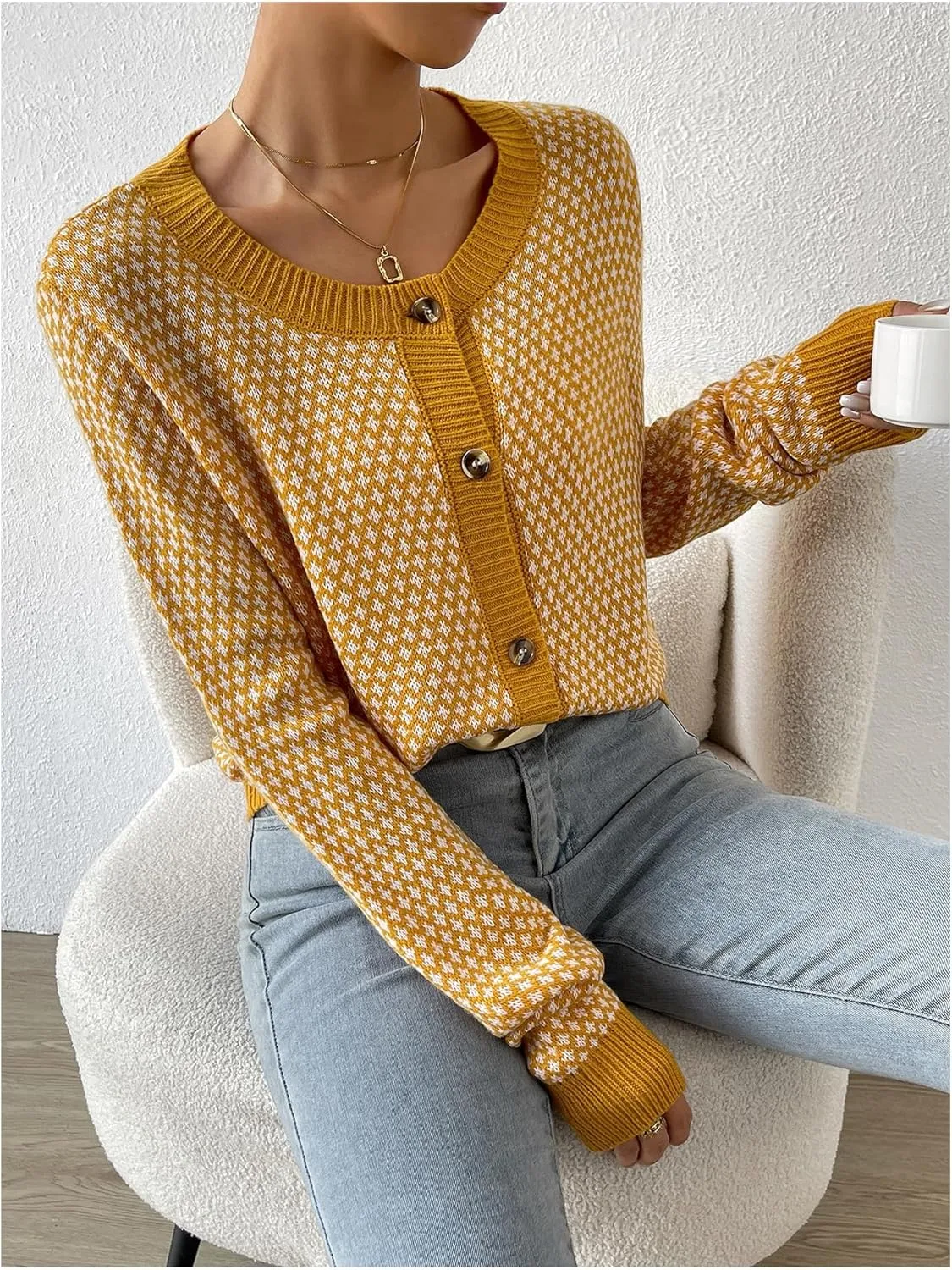 GORGLITTER Women's Button Up Cropped Cardigan Checkered Colorblock Long Sleeve Lightweight Cardigan Sweaters