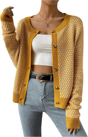 GORGLITTER Women's Button Up Cropped Cardigan Checkered Colorblock Long Sleeve Lightweight Cardigan Sweaters