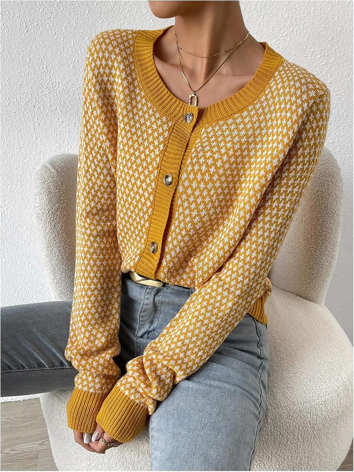 GORGLITTER Women's Button Up Cropped Cardigan Checkered Colorblock Long Sleeve Lightweight Cardigan Sweaters