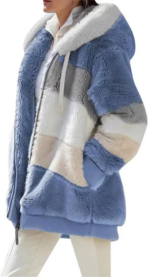 GORIFE Women's Fleece Soft Coats Zip Up Thick Hooded Jackets Color Block Outerwear With Pockets
