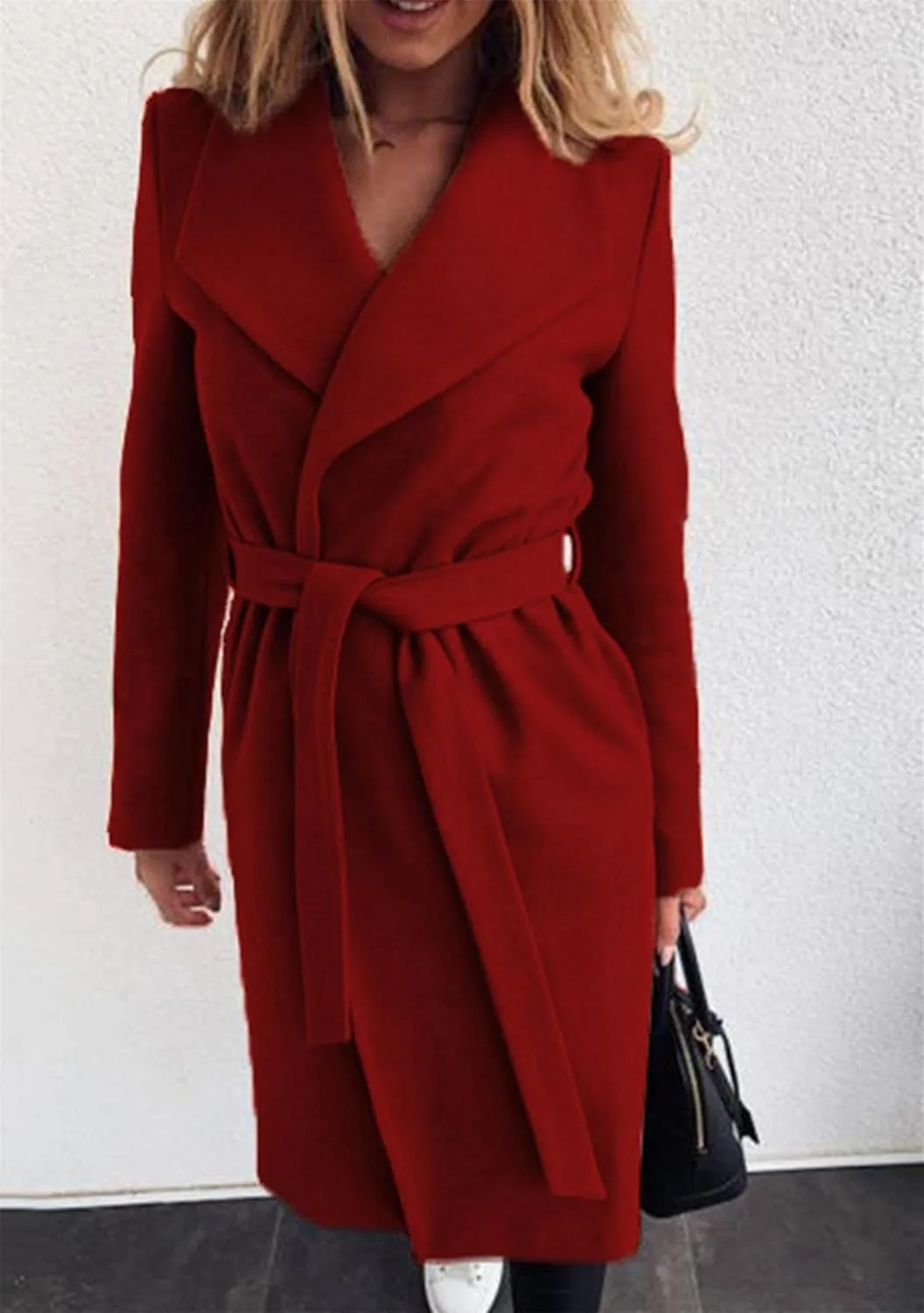 GORIFE Women's Winter Comfy Pea Coat Mid-Long Wrap Long Sleeve Overcoat Lapel Trench Coat with Belts