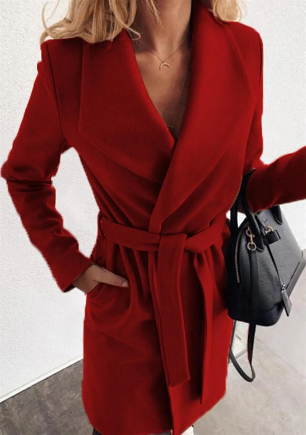 GORIFE Women's Winter Comfy Pea Coat Mid-Long Wrap Long Sleeve Overcoat Lapel Trench Coat with Belts