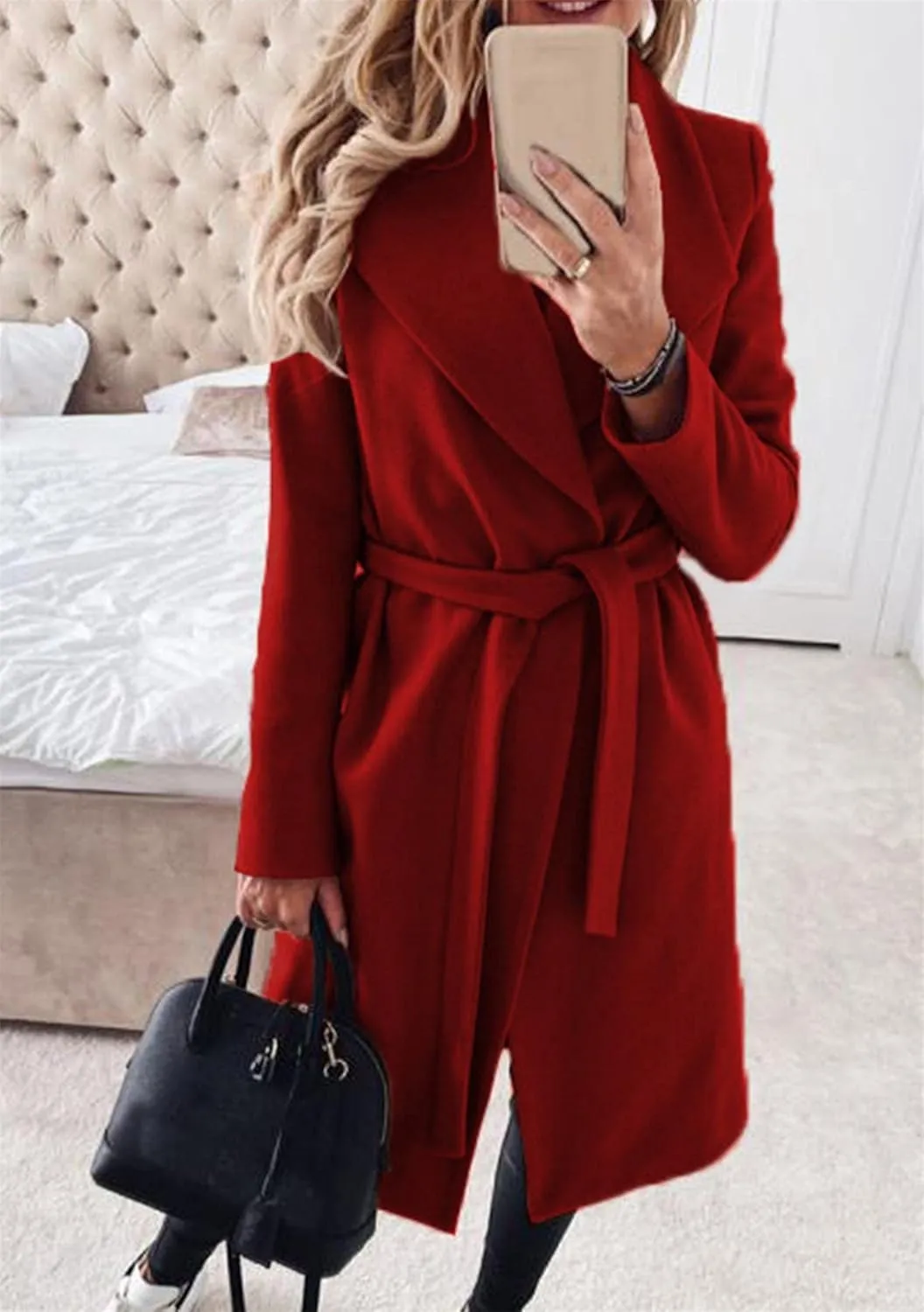 GORIFE Women's Winter Comfy Pea Coat Mid-Long Wrap Long Sleeve Overcoat Lapel Trench Coat with Belts