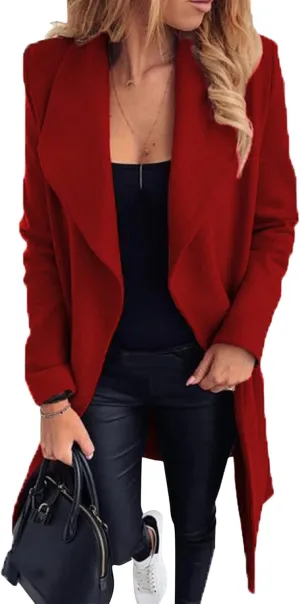 GORIFE Women's Winter Comfy Pea Coat Mid-Long Wrap Long Sleeve Overcoat Lapel Trench Coat with Belts